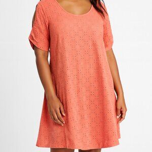 Vibrant Coral Everlily Eyelet Dress Size XL with Cold Shoulder